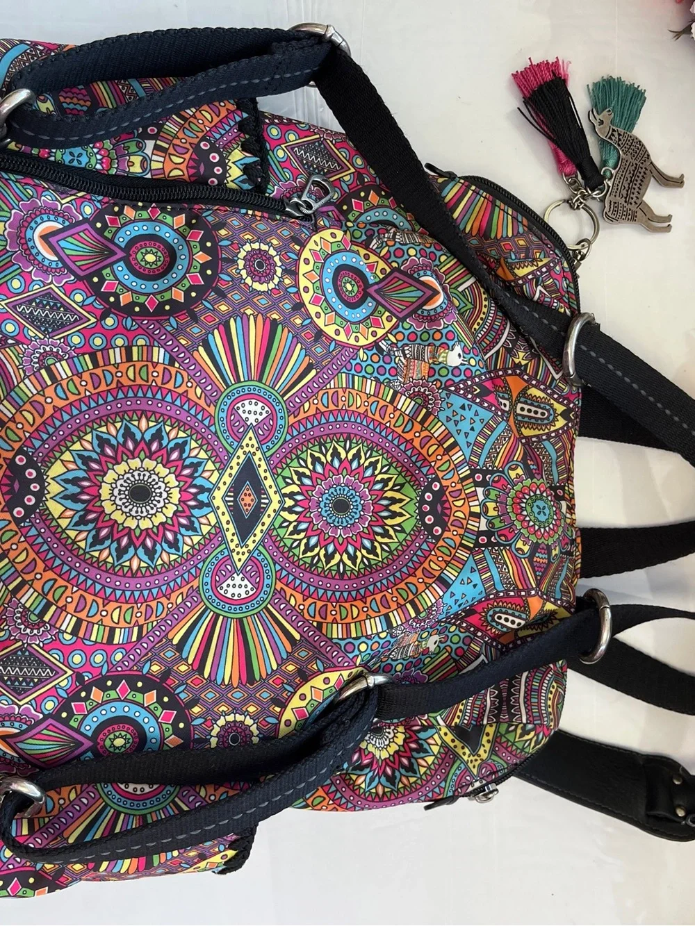 Sakroots Colorful Mandala Print Backpack Travel Daypack Llama Charm